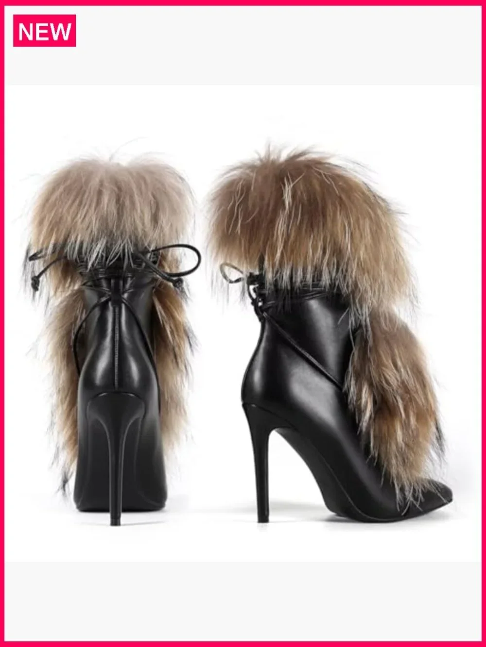 Handmade Stiletto Ankle Booties, Furry Fluffy Fur Lace-Up Heeled Boots